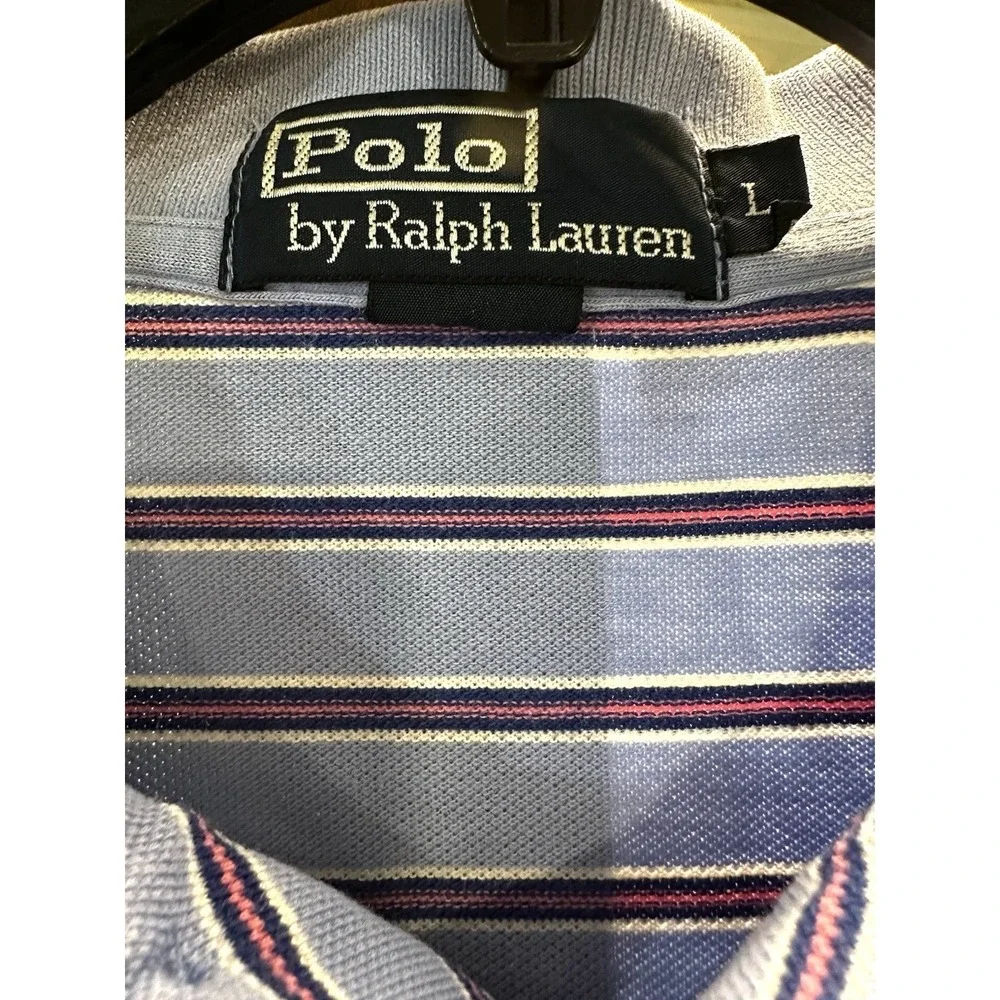 Polo‎ Ralph Lauren Polo Shirt Mens L Blue Striped Short Sleeve Pique Cotton Pony